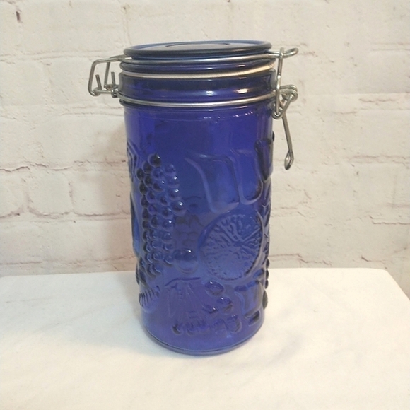 Vintage Cobalt Blue Glass Fruit Embossed Canister with Metal Hinged Lid 7.75" - Picture 2 of 10